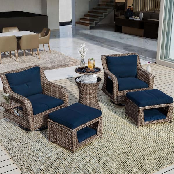 Tenleaf 5-Piece Wicker Patio Swivel Outdoor Rocking Chair Set with Navy Blue Cushions and Cool Bar Table