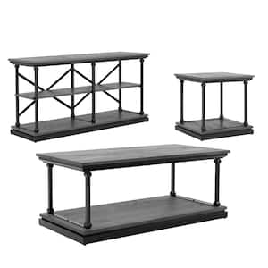Blue River 47.5 in. Antique Gray and Black Rectangle Wood Top 3-Piece Coffee Table Set