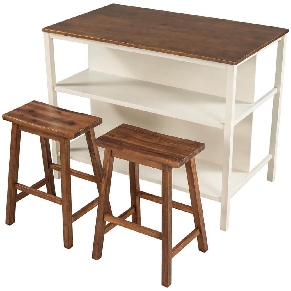 White Wood 45 in. Kitchen Island, Solid Wood Rustic 3-piece 45 Stationar