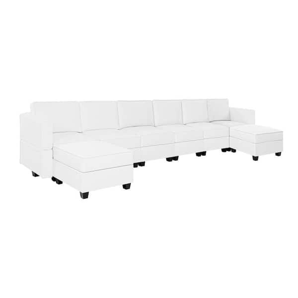HOMESTOCK 112.8 in. W Faux Leather 6-Seater Modular Sectional Sofa Double Ottoman Streamlined Comfort in. White