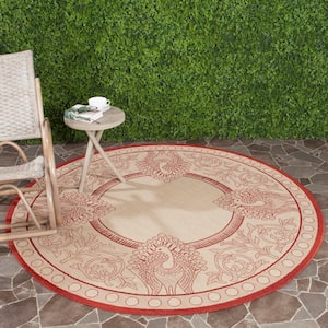 Courtyard Natural/Red 7 ft. x 7 ft. Round Border Indoor/Outdoor Patio  Area Rug