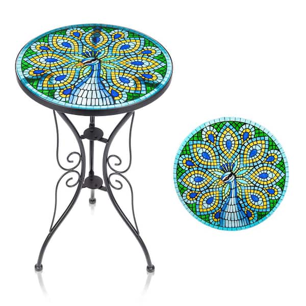 MUMTOP 14 in. Green Side Tables Metal Frame Outdoor Peacock Accent Table with Glass Top