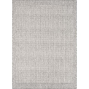 Medusa Odin Solid and Striped Border Grey Ivory 5 ft. 3 in. x 7 ft. 3 in. Flatweave Indoor/Outdoor Area Rug