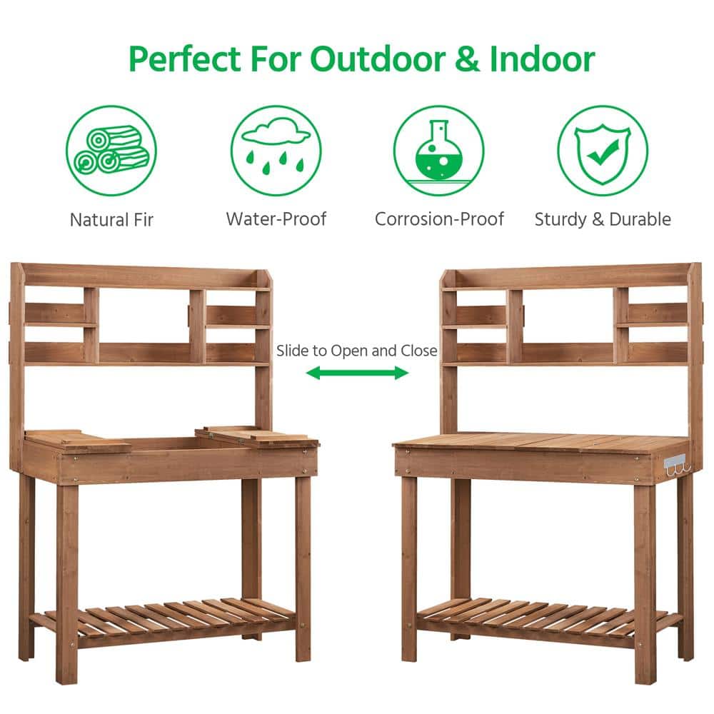 Brown Firwood Potting Bench Table with Display Rack and Storage Shelf