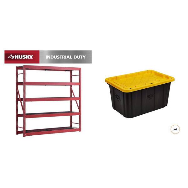 90 in. W x 90 in. H x 24 in. D Red 5-Shelf Metal Shelving Unit, 27 Gal. Black and Yellow Storage Tote (4-Count) Combo