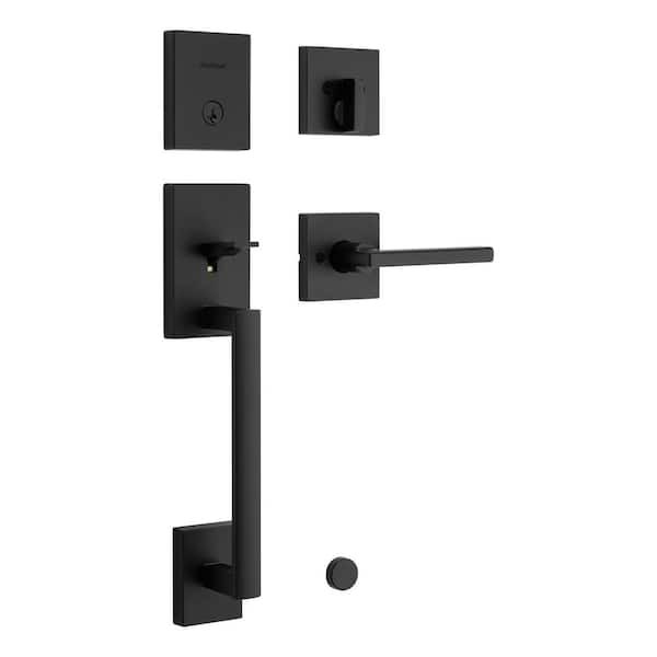 San Clemente Matte Black Single Cylinder Keyed Entry Door Handleset w/ Halifax Door Handle Featuring Smartkey Security