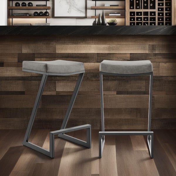Armen Living Atlantis 30 in. Vintage Gray Metal Bar Stool with Faux Leather Seat