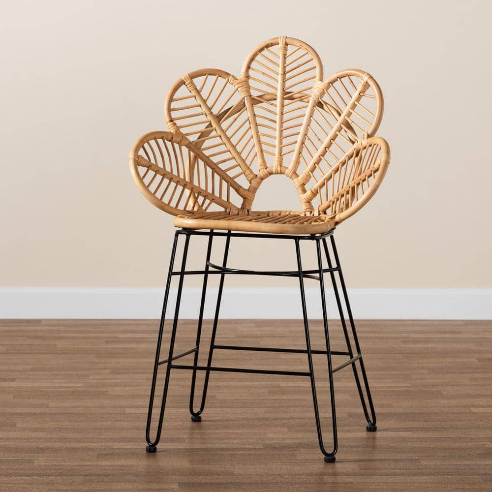 Garan Natural Rattan and Black Metal Boho Counter Stool