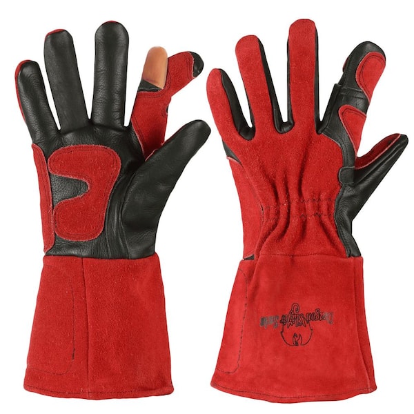 Dragon Slayer Medium 14 in. Red/ Black Removable Finger w/ Rest Patch and Kevlar Stitching Premium Leather Welding Glove