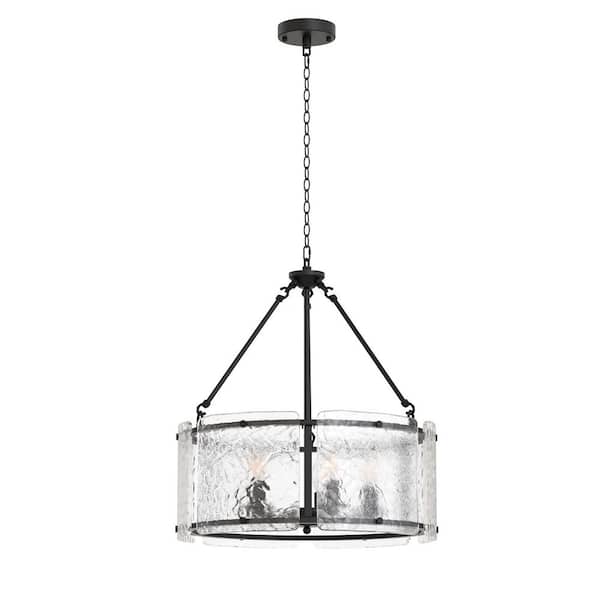 5-Light Black Drum Chandelier Pendant Light with Glass Shade and E12 Base for Dining Room, No Bulbs Included