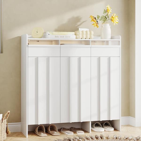 47.2 in. H x 47.2 in. W White Wood Shoe Storage Cabinet, Entryway Organizer with 3 LED-Lit Acrylic Drawers And 5 Shelves