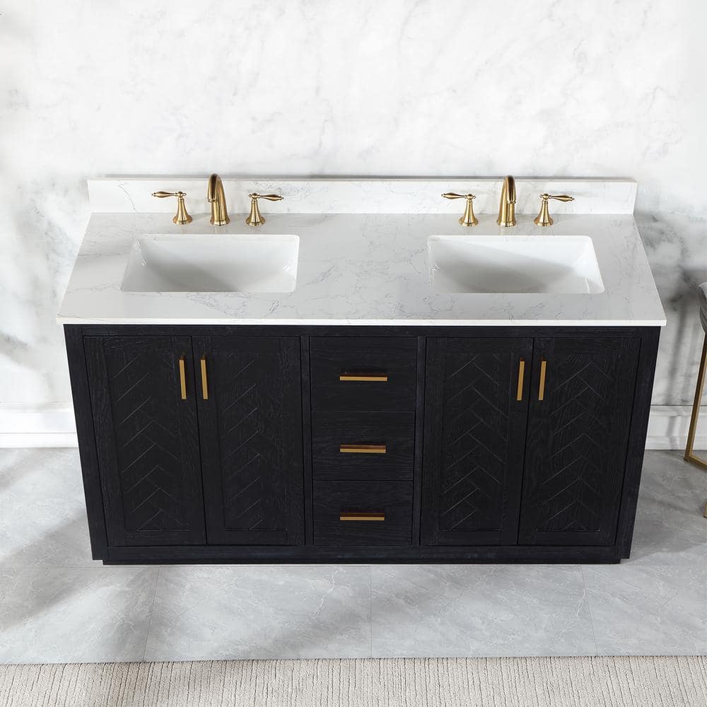 Gazsi 60" Black Oak Double Bathroom Vanity with White Stone Countertop