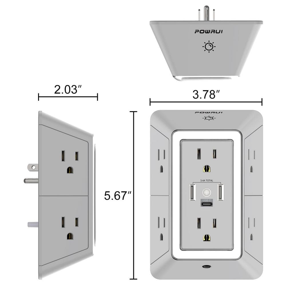 Grey 6-Outlet Surge Protector with USB Ports and Night Light