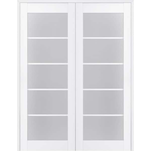 Belldinni Paola 60 in. x 80 in. Both Active 5-Lite Frosted Glass Bianco Noble Finished Wood Composite Double Prehung French Door