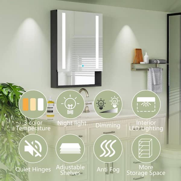 24 in. W x 32 in. H Black Aluminum Recessed/Surface Mount Left Dimmable Medicine Cabinet with Mirror with Shelves