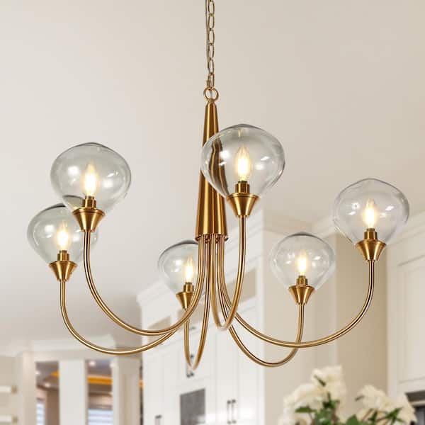 32 in. Modern 6-Light Plating Brass Island Chandelier with Smoky Gray Glass Globes Dining Rooms Kitchen Pendant Light