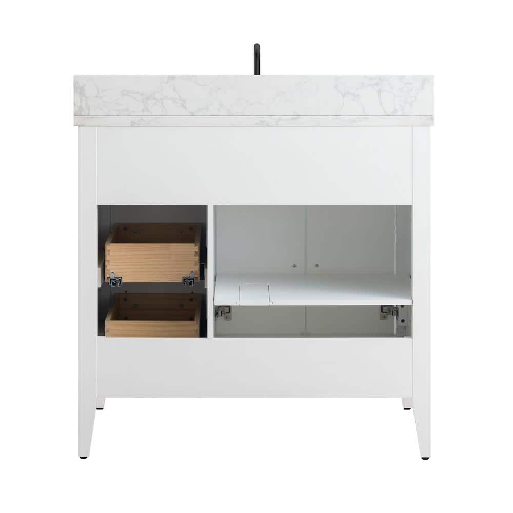 White Poplar Wood Single Sink Bathroom Vanity with Marble Top