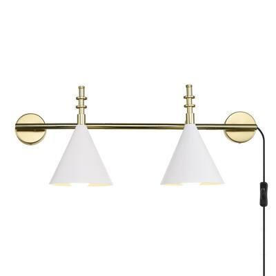 Callie 2-Light Matte Brass Plug-In Wall Sconce with Matte White Shades, LED Bulbs Included