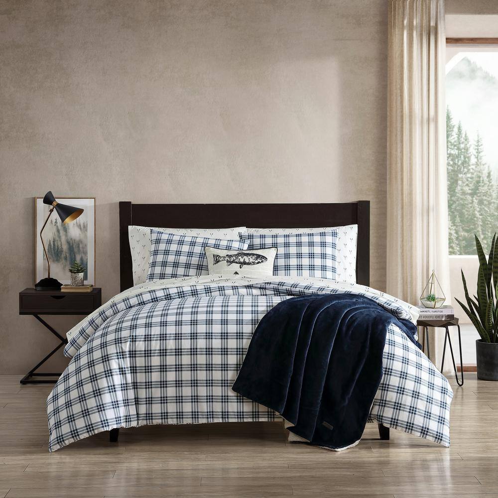 Eddie Bauer Basic Plaid 3-Piece Blue T200 Percale Cotton King Duvet Cover Set