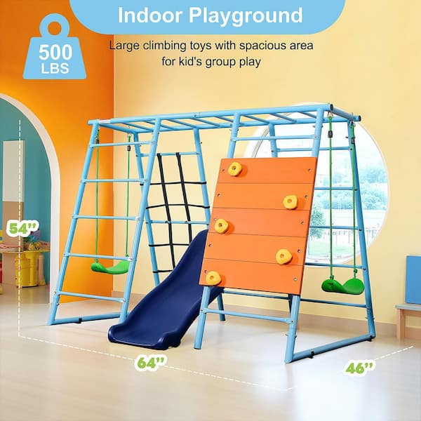 6 in 1 Indoor/Outdoor Jungle Gym Playset with Climbing Wall, Slide