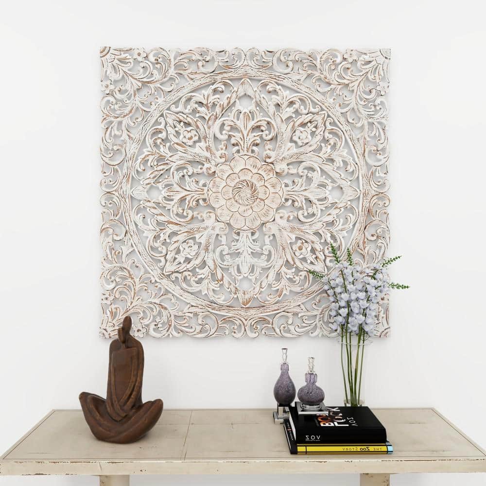 Brown and White Carved Floral Mandala Wood Wall Decor