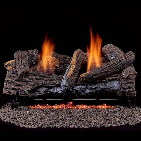 24 in. Stacked Oak Vent Free Indoor Natural Gas Log Set with Remote Thermostat Control and Fiber Logs