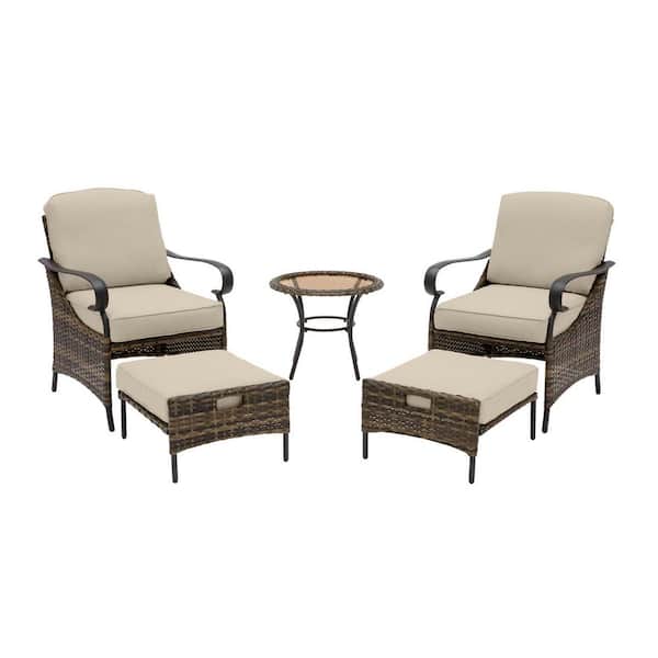 Hampton Bay Layton Pointe 5-Piece Brown Wicker Outdoor Patio Conversation Seating Set with CushionGuard Putty Tan Cushions