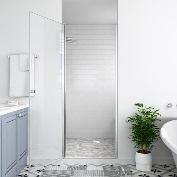 30 in. W x 72 in. H Space Saving Pivot Semi-Frameless Swing Shower Door in Chrome Finish in 1/4 in. Clear Tempered Glass