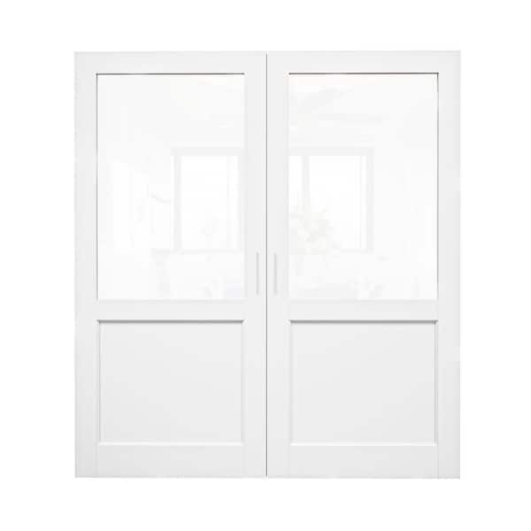 72 in. x 80 in. 1/2 Lite CLear Glass White Solid Core French Door without Jamb Double Interior Door Slab with Ball Catch
