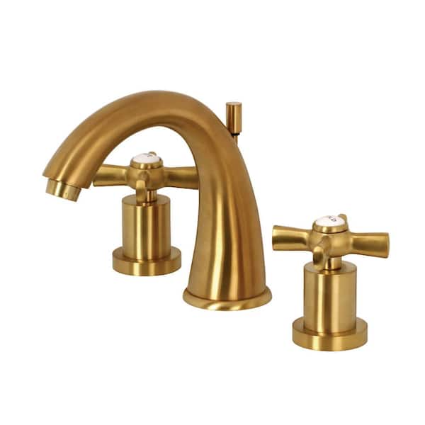 Kingston Brass Modern Cross 8 in. Widespread 2-Handle Mid-Arc Bathroom Faucet in Brushed Brass