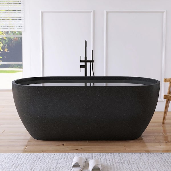 63 in. x 31 in. Terrazzo Stone Solid Surface Flatbottom Freestanding Soaking Bathtub in Black (Outdoor-Compatible)