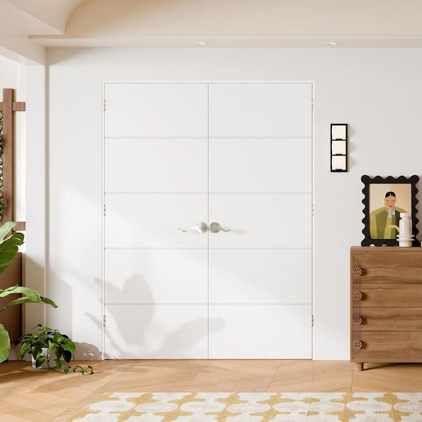 60 in. x 80 in White 5-Panel Composite Solid Core Universal Double Prehung French Door with Quick Assemble Jamb & Handle
