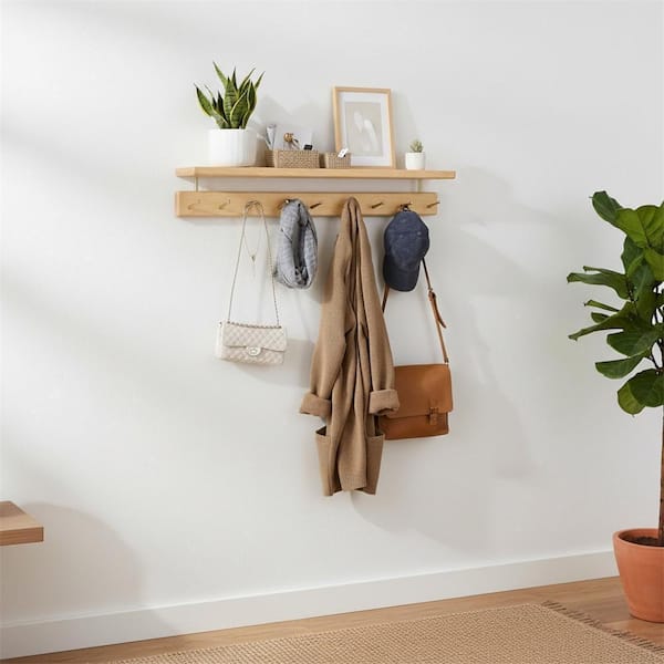 Brown Wood Wall Mount Coat Rack with Shelf and 9-Brass Hooks