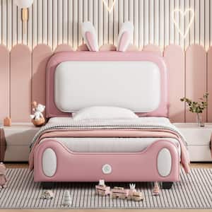 White and Pink Twin Size Rabbit-Shape PU Upholstered Platform Bed with Headboard and Footboard