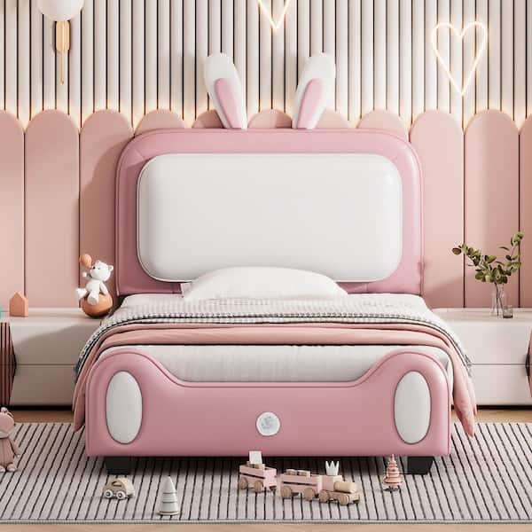 Harper & Bright Designs White and Pink Twin Size Rabbit-Shape PU Upholstered Platform Bed with Headboard and Footboard