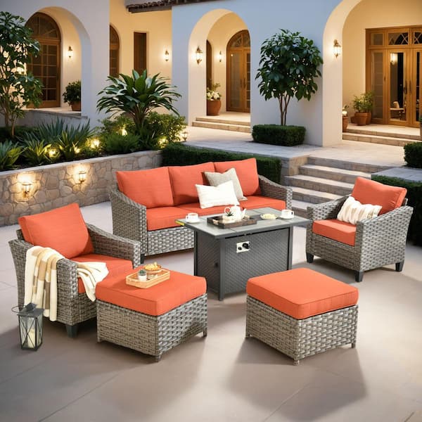 XIZZI Frangipani 6 Pieces Wicker Outdoor Patio Rectangular Fire Pit Set with Orange Red Cushions