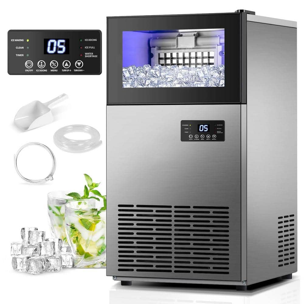 Ropup Commercial Built-in or Freestanding Ice Maker 130Lbs/24H with 35Lbs Ice Capacity, 45Pcs Ice Cubes, Stainless Steel, Silver