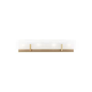 Syll 26 in. H 4-Light Satin Brass Vanity Light with Clear Highlighted Satin Etched Glass Shade