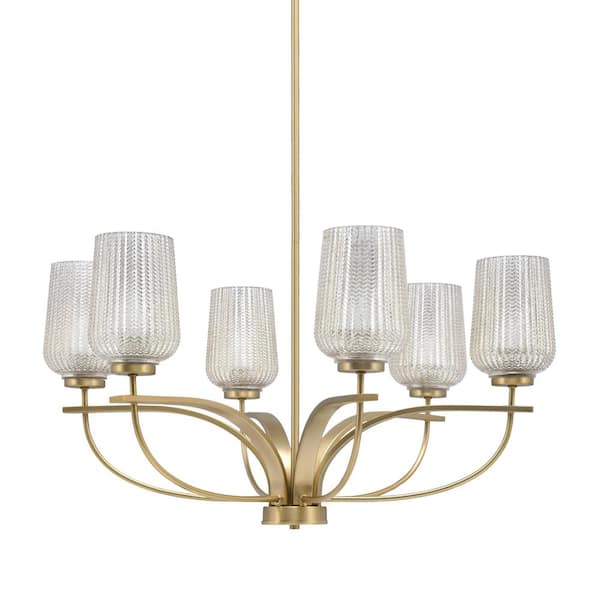 Unbranded Olympia 6 Light, Uplight, Chandelier, New Age Brass Finish, 5 in. Silver Textured Glass