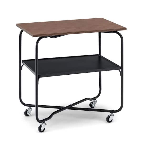 Bunpeony 2-Tier Brown Wooden Roll in.g Kitchen Cart with Metal Storage Shelf and Foldable Frame