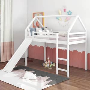 White Twin Size House Loft Bed with Slide and Built-in Ladder