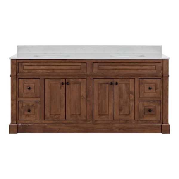 Horsham 73 in. Double Sink Dawn Brown Freestanding Bath Vanity with Mineral White Quartz Top Assembled