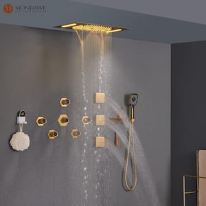 5-Spray 25 in. Thermostatic LED Rainfall Wall Mount Dual Shower Heads and Handheld Shower Head in 2.5 GPM Brushed Gold