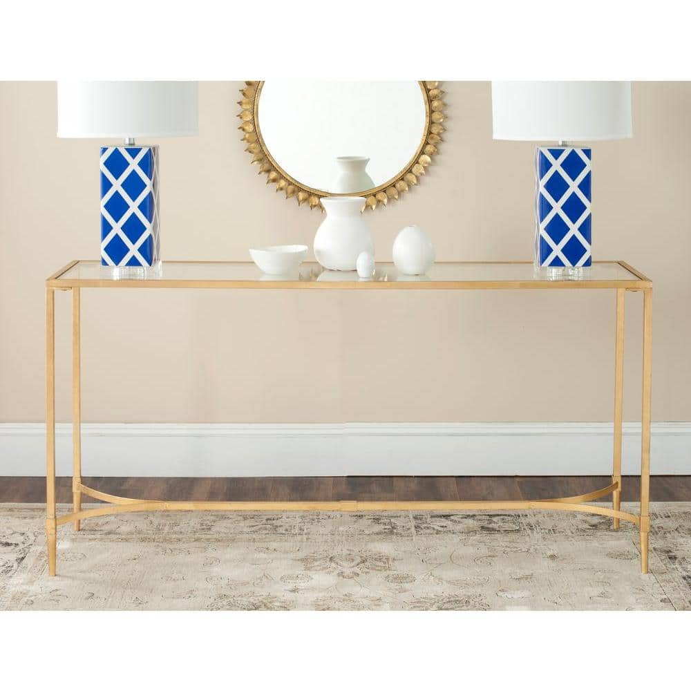 Safavieh Antwan 63 In Gold Standard Rectangle Tempered Glass Console Table Fox2546a The Home Depot