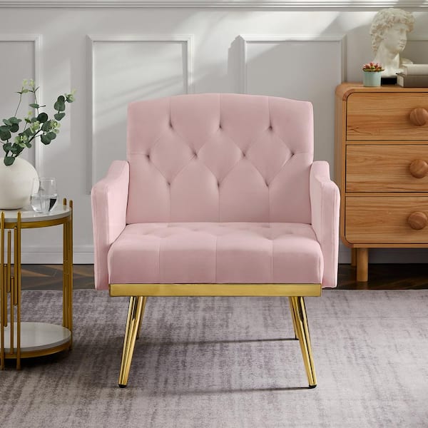 Unbranded Pink Velvet Upholstered Button Tufted Arm Chair with 2 Handy Pockets Gold Metal Legs