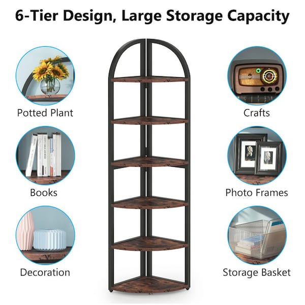 6-Tier Corner Shelf, 71 inch Tall Corner Bookshelf for Small SpaceRustic  Brown in 2023