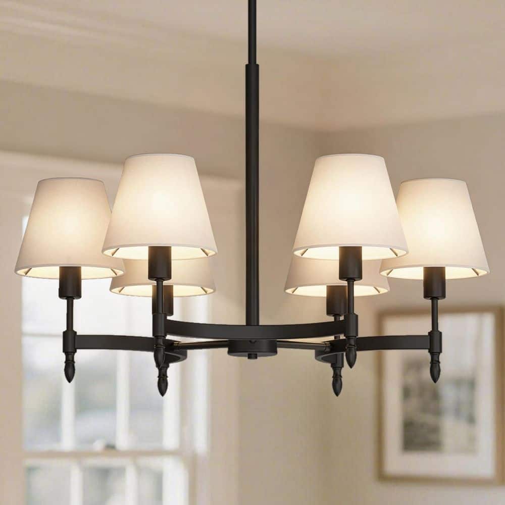 YANSUN 27 in. 6-Light Black White Linen Shade Farmhouse Chandelier