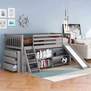 Gray Twin Low Loft Bed with 2 Bookcases and 3-Tier Drawers, Wood Kids Loft Bed Frame with Convertible Ladder and Slide