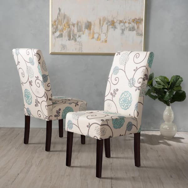 Pertica White and Blue Floral Fabric Dining Chairs (Set of 2)