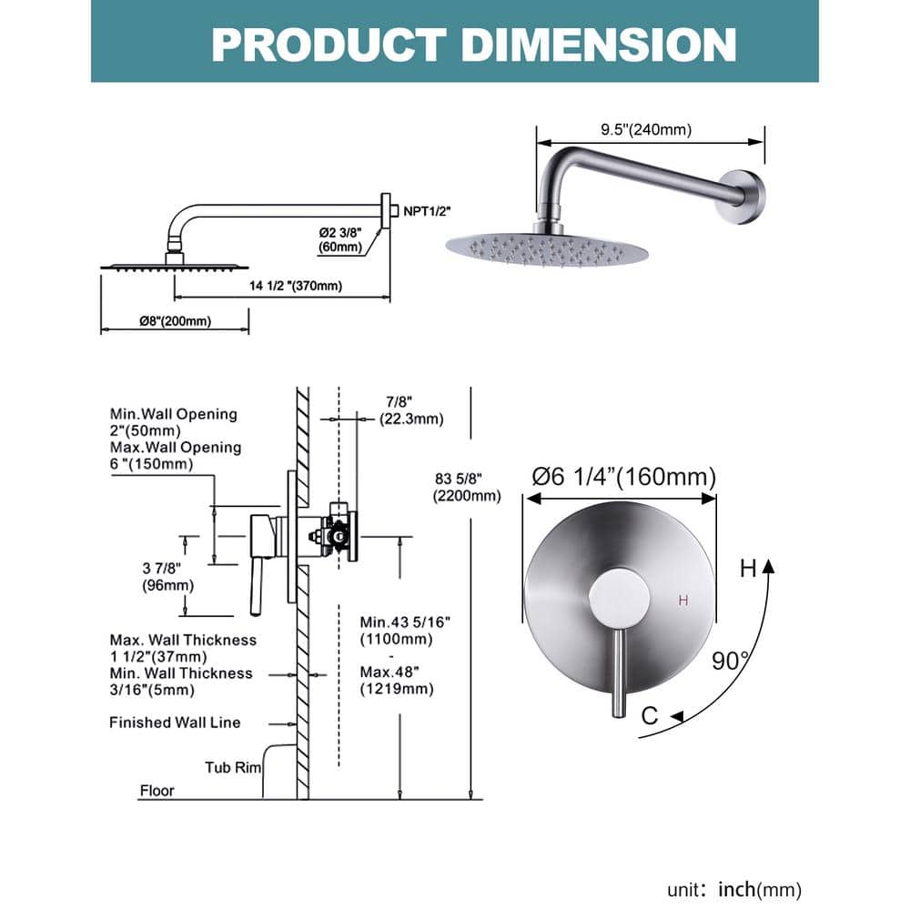 Brushed Nickel Large Round Wall Mounted Rain Shower Head